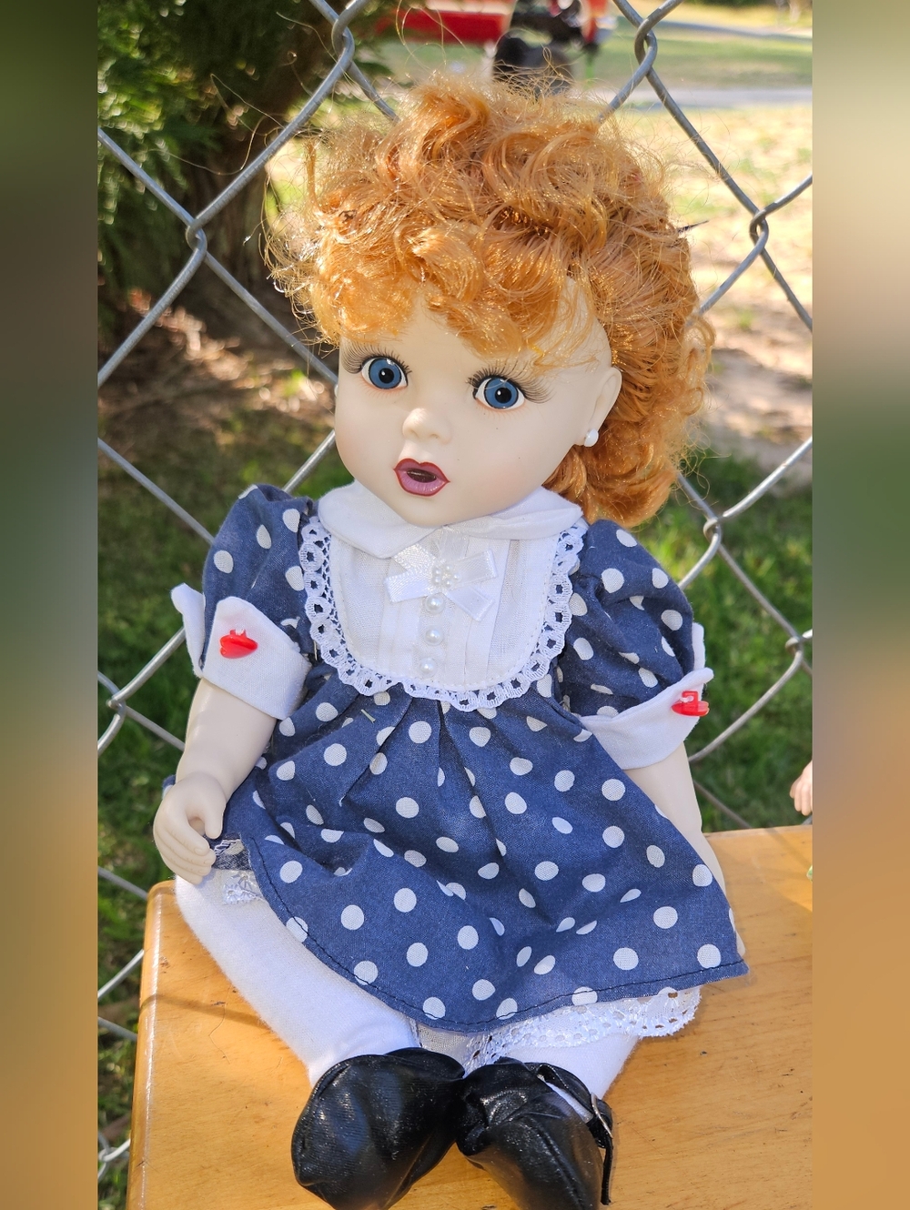 Blue Polka Dot Kids Doll in Navy Dress